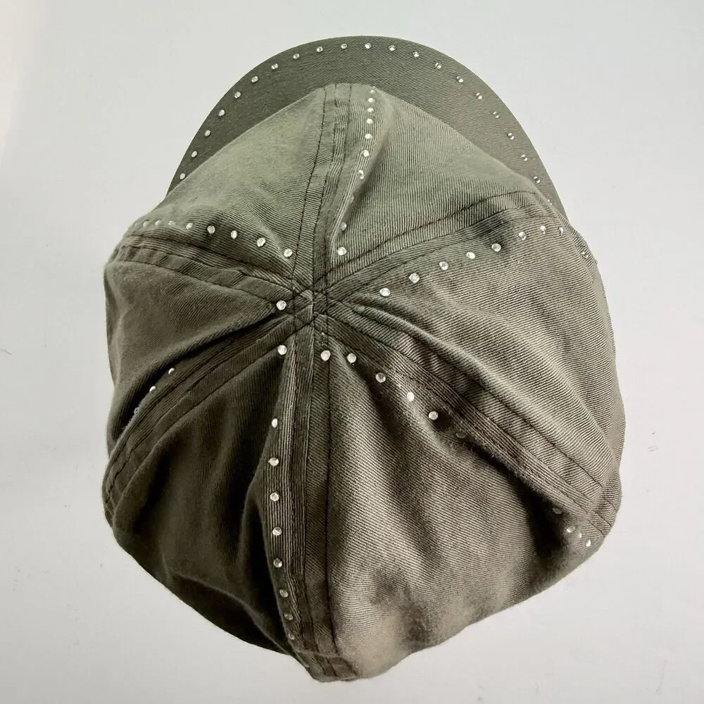 BONGO Newsboy Hat Cap One Size Khaki Olive Green Mini Rhinestones Y2K 90s Bling